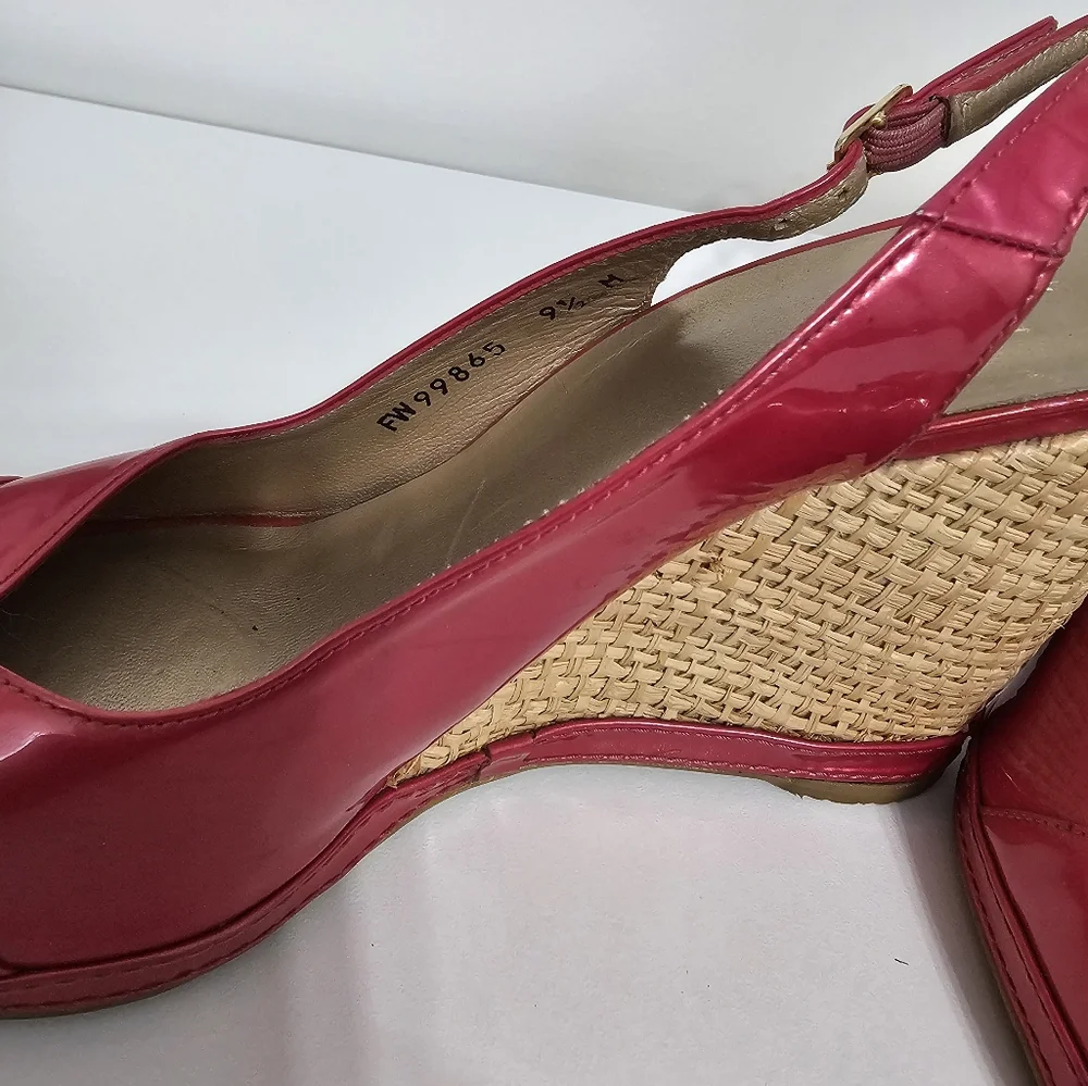 sz 9.5 M Stuart Weitzman Pink Tan Espadrille Wedge Sandals Slingback Patent - Picture 6 of 8